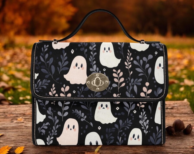 Cute Ghost Ferns Canvas Satchel Bag, Dark Academia Ghost Purse, Witchy Purse, Top Handle Bag, Witchcore Bag, Goth Ghosts boho hippie Bag