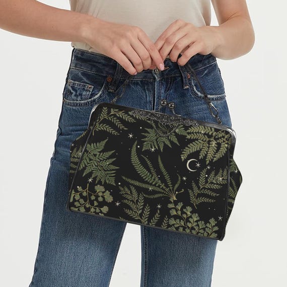 Cottagecore Fern Forest Kisslock Bag - Vegan Leather Witchy Kisslock Purse, Witchy Crossed body Mushroom purse, goth bag, hippies boho gift