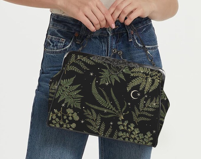 Cottagecore Fern Forest Kisslock Bag - Vegan Leather Witchy Kisslock Purse, Witchy Crossed body Mushroom purse, goth bag, hippies boho gift