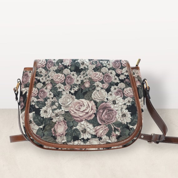 Cottagecore Witch Rose Vegan leather Strap saddle bag, Retro witch Canvas Saddle Bag With Vegan leather Strap, boho hippies accessories gift