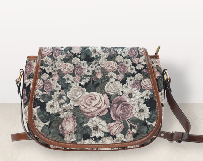 Cottagecore Witch Rose Vegan leather Strap saddle bag, Retro witch Canvas Saddle Bag With Vegan leather Strap, boho hippies accessories gift
