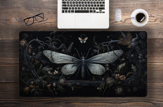 Maximalist Vintage Dark Moth desk mat, aesthetic Witchy tarot extended mouse pad, extra large gaming mousepad wrist rest