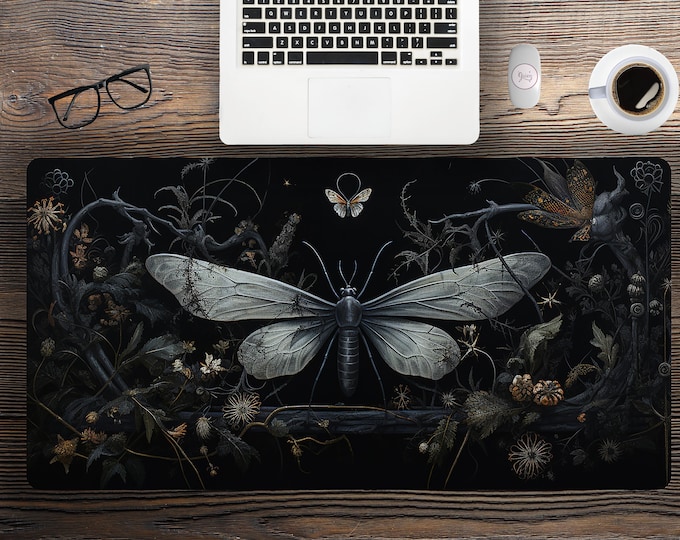 Maximalist Vintage Dark Moth desk mat, aesthetic Witchy tarot extended mouse pad, extra large gaming mousepad wrist rest
