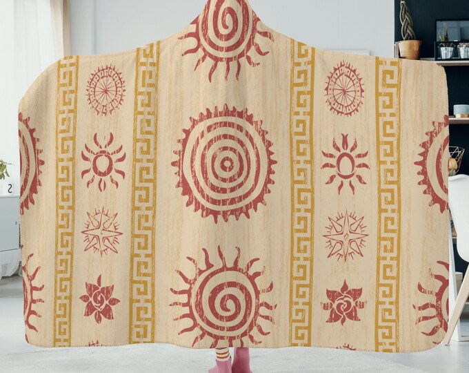 Mystical Sun beige boho hooded blanket, soft boho hooded blanket, astrology mystical sun beige boho traveler blanket, boho hippies gift