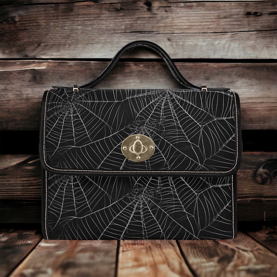 Dark Spider Web Cottagecore Canvas Satchel bag, cottagecore witch halloween women purse, vegan leather strap boho hand bag hippies boho gift
