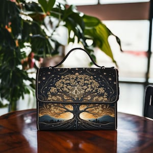 Mystische Baum des Lebens Canvas Umhängetasche, Cottagecore Geldbörse, schwarze Crossbody Geldbörse, vegane Lederband Handtasche Goth Tasche, Boho Hippie Geschenk