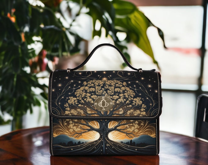 Mystical Tree Of Life Canvas Satchel bag, Cottagecore Purse, black crossbody purse, vegan leather strap hand bag goth bag, boho hippies gift