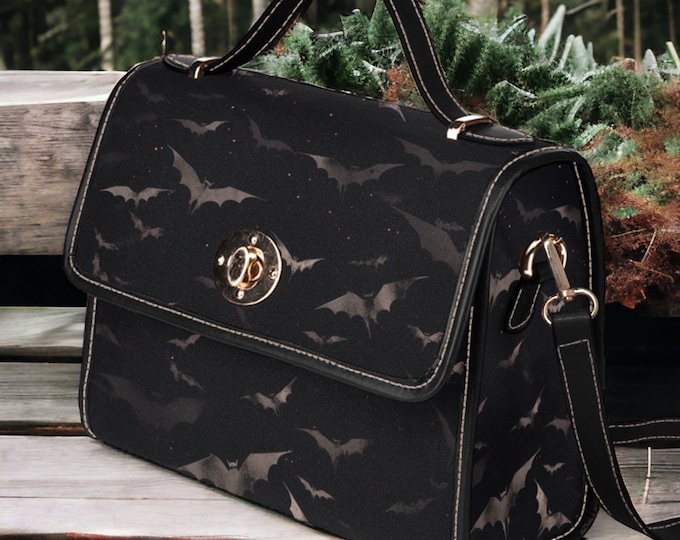 Dark Bats Boho Halloween Canvas Satchel bag, Cottagecore witch crossbody purse, cute vegan leather strap goth bag, hippies boho gift handbag