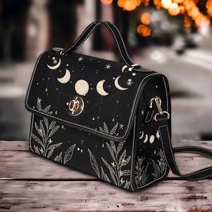 Cottagecore Celestial Moon Black Canvas Satchel bag, Leuke vrouwen natuur crossbody portemonnee, schattige zwarte riem handtas, hippies boho cadeau portemonnee