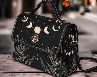 Borsa a tracolla Cottagecore Celestial Moon Black Canvas, borsa a tracolla carina da donna natura, borsa a mano con cinturino nero carino, borsa regalo hippies boho