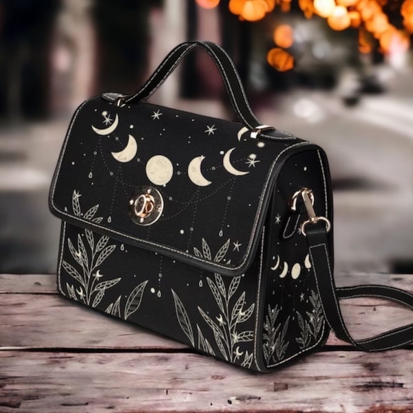 Sac Cottagecore Celestial Moon Black Canvas Satchel, sac à main crossbody nature pour femmes mignonnes, joli sac à main à sangle noire, sac à main cadeau hippies boho