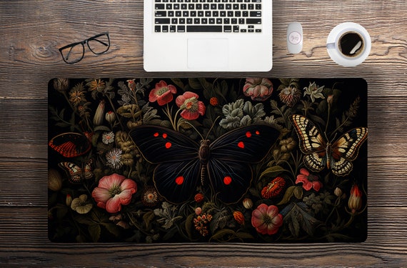 Dark Moth Forest Whimsical moon desk mat, Boho witchy large alter mat stitched edges, mousepad desk setup, witchy tarot extended mouse pad