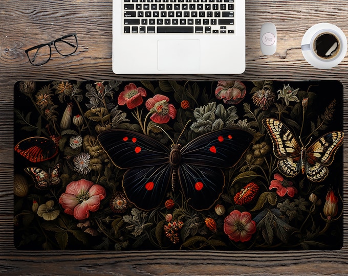 Dark Moth Forest Whimsical moon desk mat, Boho witchy large alter mat stitched edges, mousepad desk setup, witchy tarot extended mouse pad