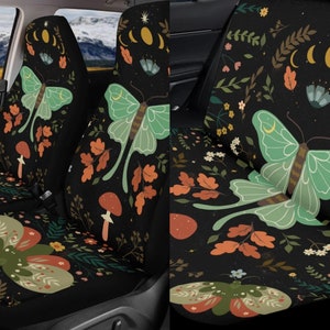 Witchy Green Moth Moon Phases Cottagecore Car Seat Cover, Goth Moth Mushroom Front Bucket Seat Cover For Car Vehicle Mushroom Seat Cover