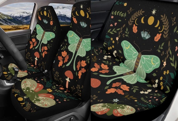 Witchy Green Moth Moon Phases Cottagecore Car Seat Cover, Goth Moth Mushroom Front Bucket Seat Cover For Car Vehicle Mushroom Seat Cover