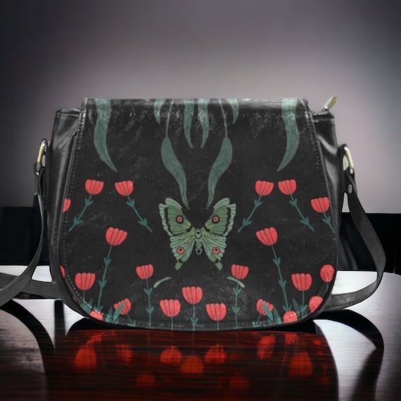 Boho Moth Forest witch Black Vegan leather saddle bag, women Luna Moth crossbody purse, cute PU leather handbag goth bag, hippies boho gift