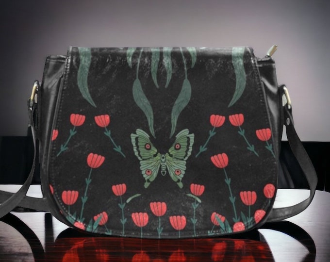 Boho Moth Forest witch Black Vegan leather saddle bag, women Luna Moth crossbody purse, cute PU leather handbag goth bag, hippies boho gift