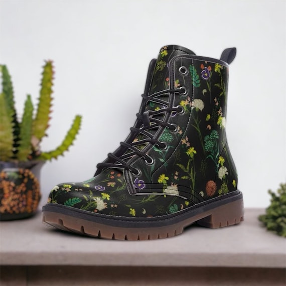 Boho Cottagecore Wildflowers Leather Boots, Cottagecore Floral Lightweight Boots, Gift for Dark Academia, Goblincore, Boho Hippies Gift