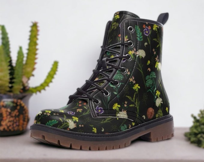 Boho Cottagecore Wildflowers Leather Boots, Cottagecore Floral Lightweight Boots, Gift for Dark Academia, Goblincore, Boho Hippies Gift