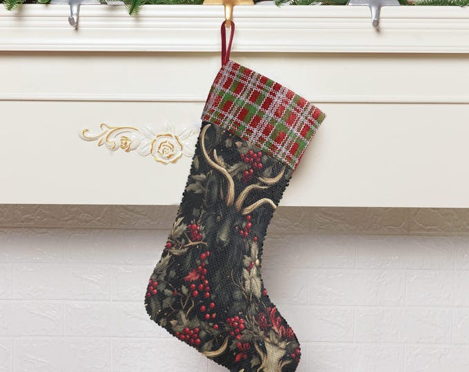 Pagan Christmas Krampus Demon Sequin Stocking, Stuffing Gifts, Fireplace hang decor, Yule holiday decor, Dark gothic Holliday stuffer