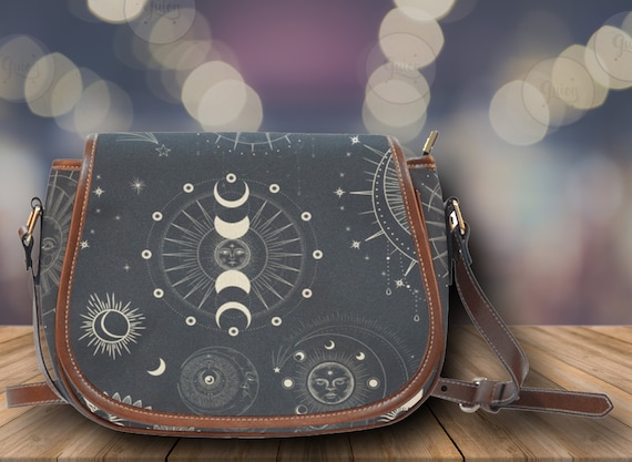 Astrology moon phases Kawaii Witchy Vegan leather saddle bag, Witchy mystical crossed body purse women, witch goth bag, hippies boho gift