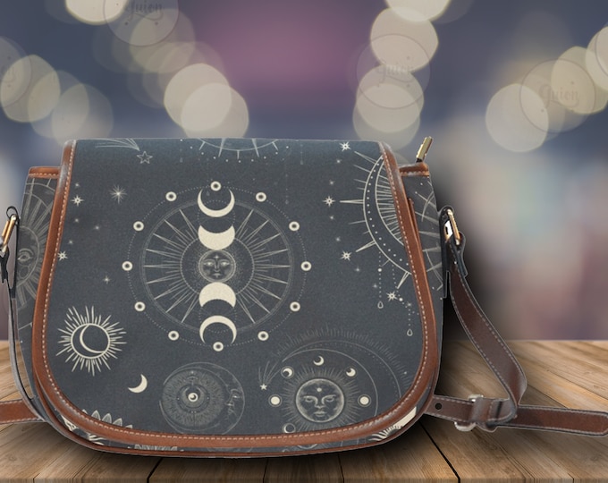Astrology moon phases Kawaii Witchy Vegan leather saddle bag, Witchy mystical crossed body purse women, witch goth bag, hippies boho gift