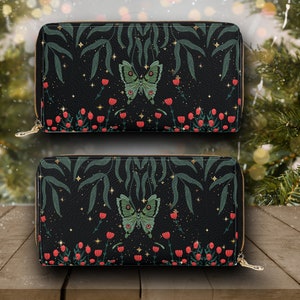 Green Moth Witchy forest wallet, Forest Witch Vegan Leather wallet, Dark cottagecore zodiac Wallet organisateur Portefeuille cottagecore goth sac à main