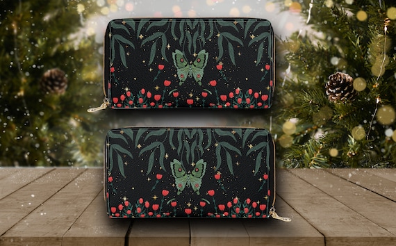 Green Moth witchy forest wallet, Forest Witch Vegan Leather wallet, Dark cottagecore zodiac Wallet organizer cottagecore wallet goth purse