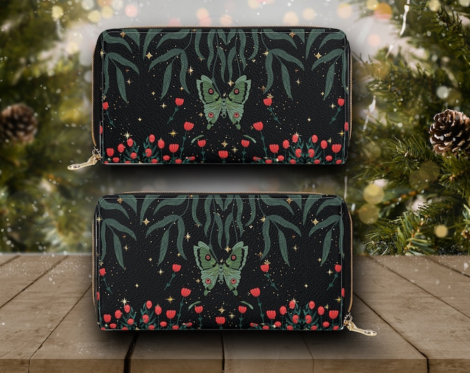 Green Moth witchy forest wallet, Forest Witch Vegan Leather wallet, Dark cottagecore zodiac Wallet organizer cottagecore wallet goth purse