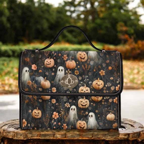 Pumpkins and Ghosts Halloween Canvas Satchel Bag, Dark Academia Pumpkin Purse, Top Handle Bag, Witchcore Bag, Goth Ghosts boho hippie Bag