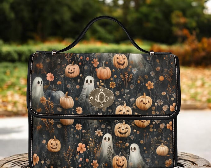 Pumpkins and Ghosts Halloween Canvas Satchel Bag, Dark Academia Pumpkin Purse, Top Handle Bag, Witchcore Bag, Goth Ghosts boho hippie Bag