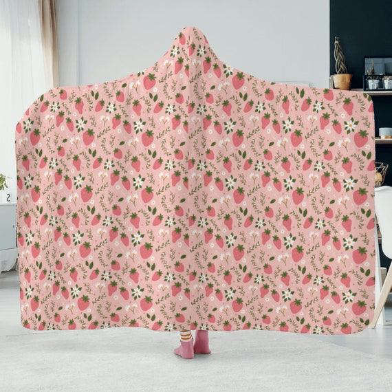 Cute pink strawberries soft hooded blanket for Christmas, fall hooded blanket, cute pink kawaii hooded blanket, strawberry blanket