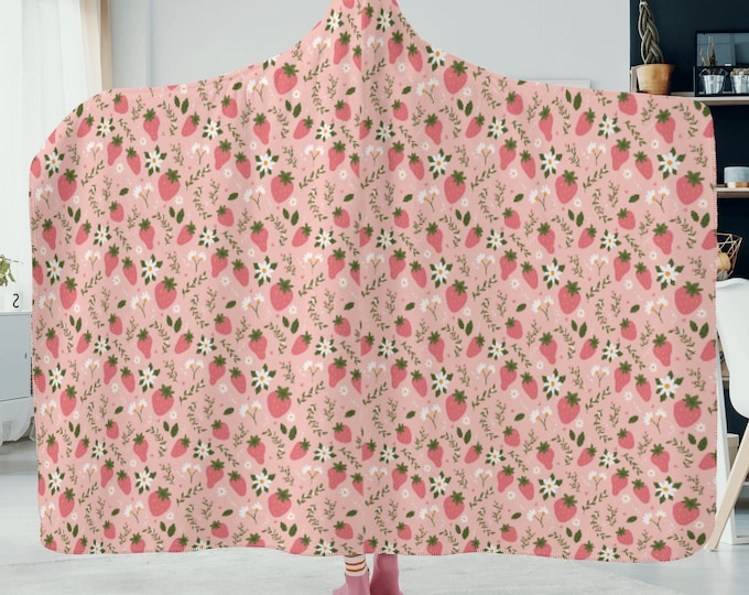 Cute pink strawberries soft hooded blanket for Christmas, fall hooded blanket, cute pink kawaii hooded blanket, strawberry blanket