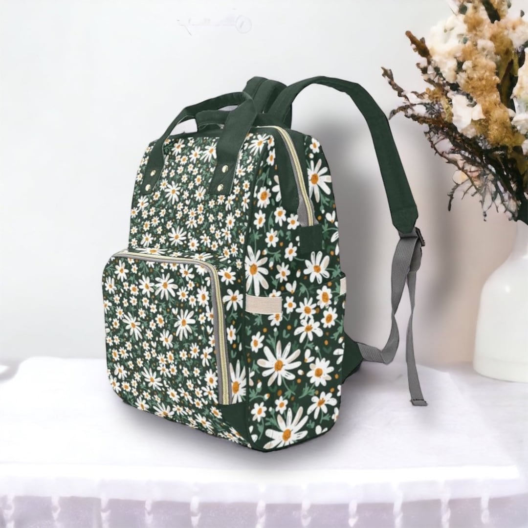 Cottagecore Daisies Green Diaper Bag Backpack, Baby Gift Diaper Bag