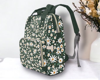 Cottagecore Daisies Green Diaper Bag Backpack, Baby Gift Diaper Bag Backpack, Nappy Bag Mummy Bag boho Personalized Baby Shower Gift