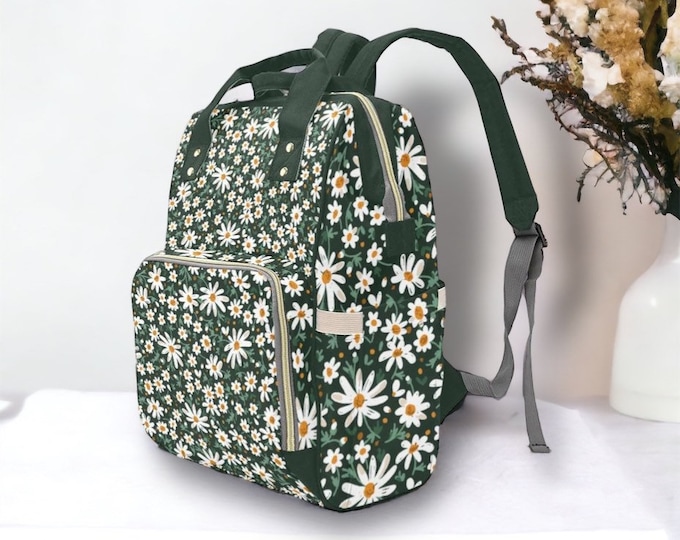 Cottagecore Daisies Green Diaper Bag Backpack, Baby Gift Diaper Bag Backpack, Nappy Bag Mummy Bag boho Personalized Baby Shower Gift