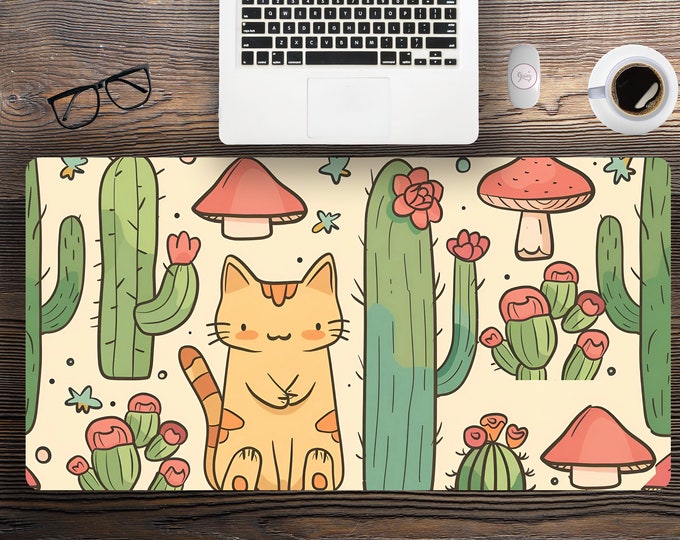 Cute Cats Large Gaming Desk PAd, Multiple Size Available, Hemmed Edge Desk Mat for Home Office, Cute Coworker Gift, Gift For Cat Lovers Club