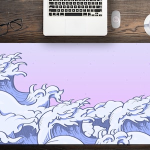 Cute PAstel Japanese Wave Desk Mat Extra Large Desk Mat with Multiple Size Options,Japanese KAwaii Desk Mat Hemmed Edge, , Gift For Coworker