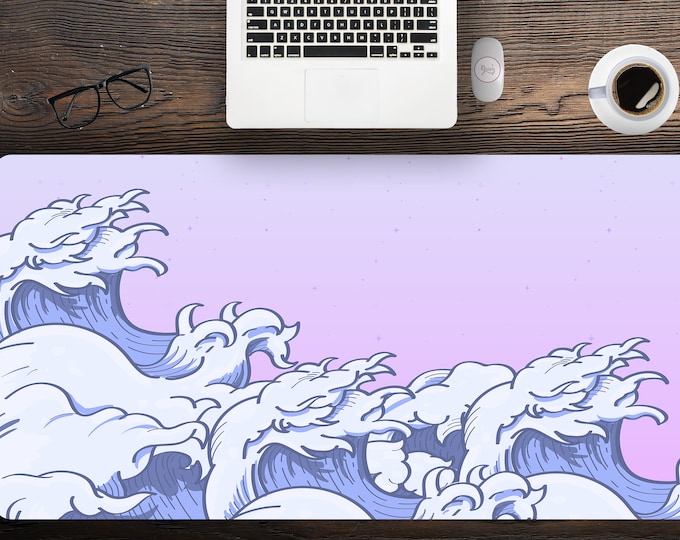 Cute PAstel Japanese Wave Desk Mat Extra Large Desk Mat with Multiple Size Options,Japanese KAwaii Desk Mat Hemmed Edge, , Gift For Coworker