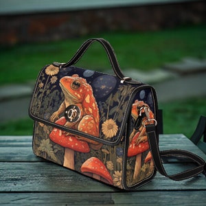 Witchy Frog Black Canvas Satchel bag, Whimsical moon frog purse, Vegan leather strap Dark Cottagecore little black boxy boho hippies bag