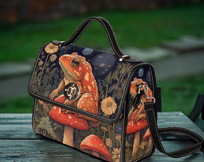 Witchy Frog Black Canvas Satchel bag, Whimsical moon frog purse, Vegan leather strap Dark Cottagecore little black boxy boho hippies bag