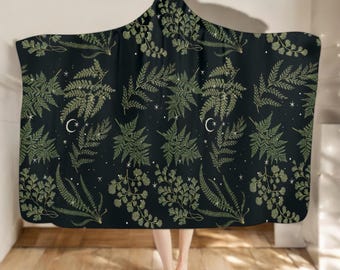 Manta con capucha de bosque de helechos de Cottagecore, manta acogedora de bruja de estrellas y luna, capa con capucha de estilo bohemio de Fairycore, manta hippie de regalo