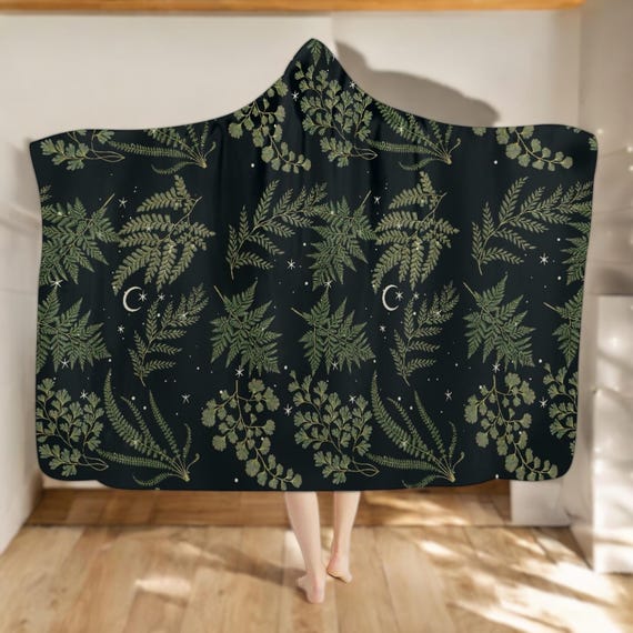 Cottagecore Fern Forest hooded blanket, Stars and Moon  Witchy cozy blanket throw, Fairycore Boho hooded cloak Cape Blanket hippies gift