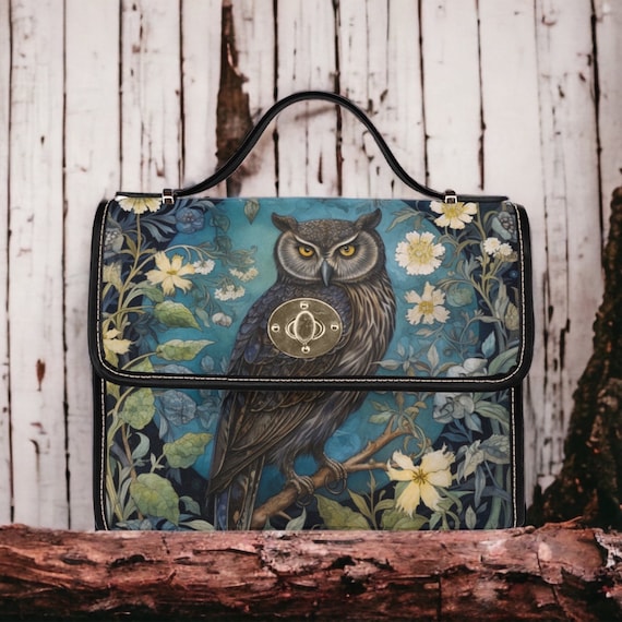 Cottagecore Majestic Owl Canvas Satchel bag, Boho Witch  Handbag, cute women witchy satchel crossbody purse, vegan leather massenger bag