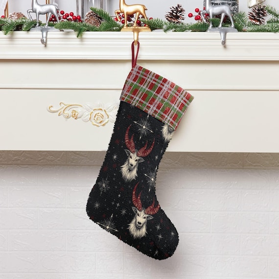 Baphomet Sequin Stocking, Yule Stuffing Gifts, whimsical Fireplace hang decor, Yule holiday decor, Dark gothic Holliday stuffer goblincore