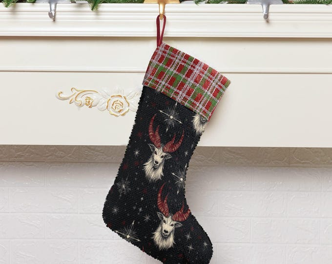 Baphomet Sequin Stocking, Yule Stuffing Gifts, whimsical Fireplace hang decor, Yule holiday decor, Dark gothic Holliday stuffer goblincore