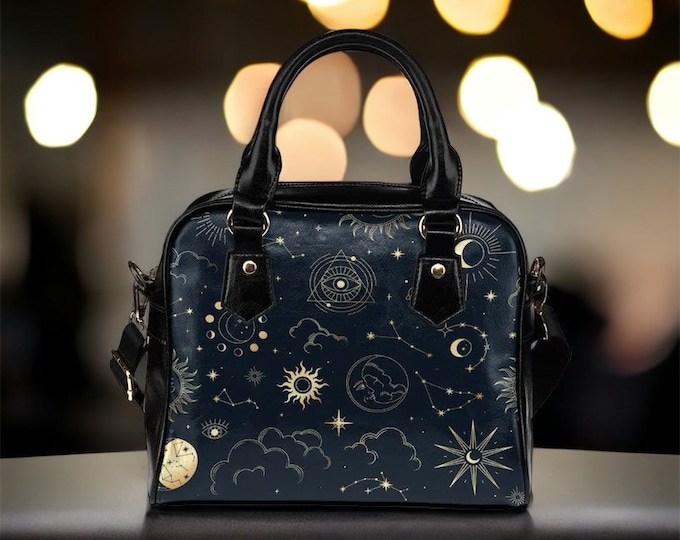 Astrology magic witch Vegan leather Goth hand bag, Boho witchy crossed body purse, cute PU leather hand bag, dark kawaii goth purse gift