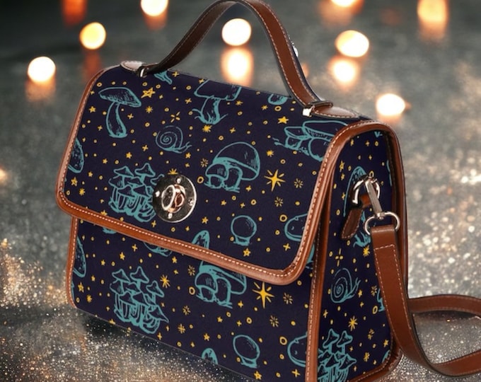 Cottagecore Celestial Mushroom Canvas Satchel bag, witchy snail crossbody purse, vegan leather strap hand bag goth bag, boho hippies gift