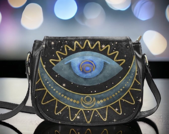 Cottagecore Black Kawaii Witchy Vegan leather saddle bag, Witchy mystical crossed body purse women, witch goth bag, hippies boho gift