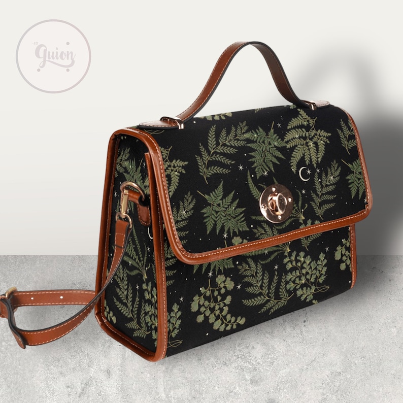 Boho Fern forest Black Canvas Satchel bag, Green crossbody Moon purse, Cute Vegan leather strap Dark Cottagecore adjustable strap handbag image 5